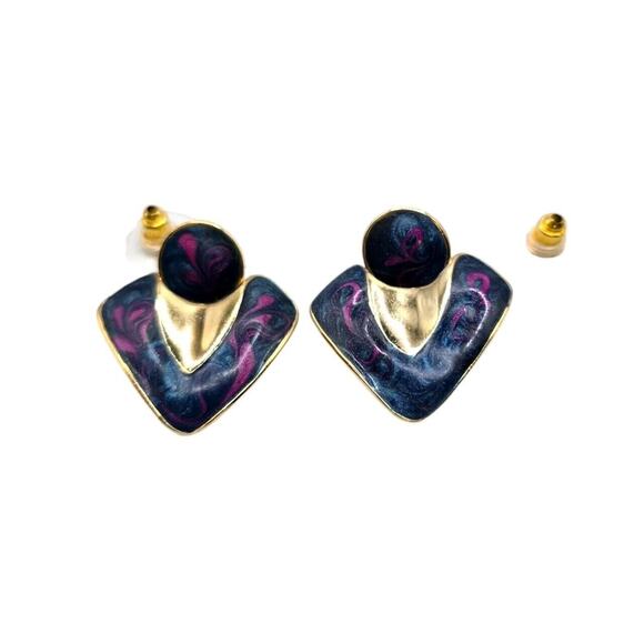 Pierced Earrings Retro Swirl Enamel Blue Purple Pink Colors Gold Tone SKU 2296 - Picture 2 of 6